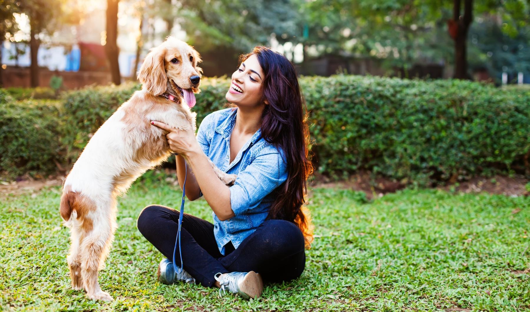 a person kneeling next to a dog